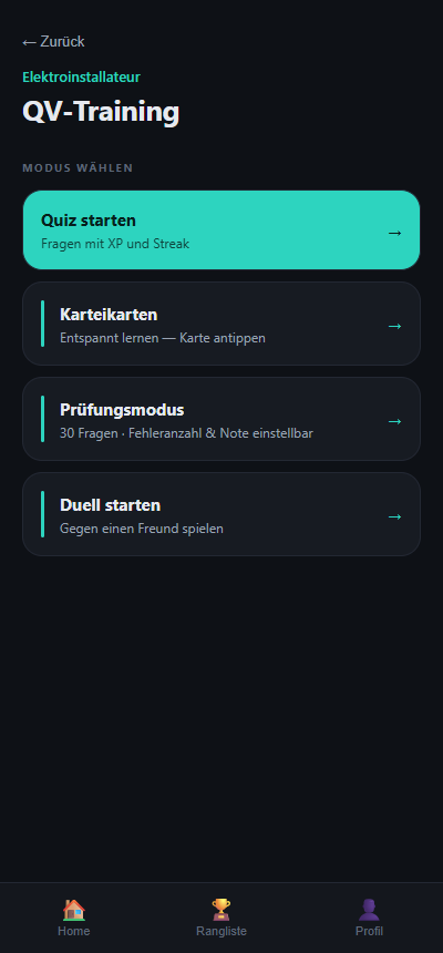 LernStrom App – Lernmodi: Quiz, Karteikarten, Prüfung, Duell